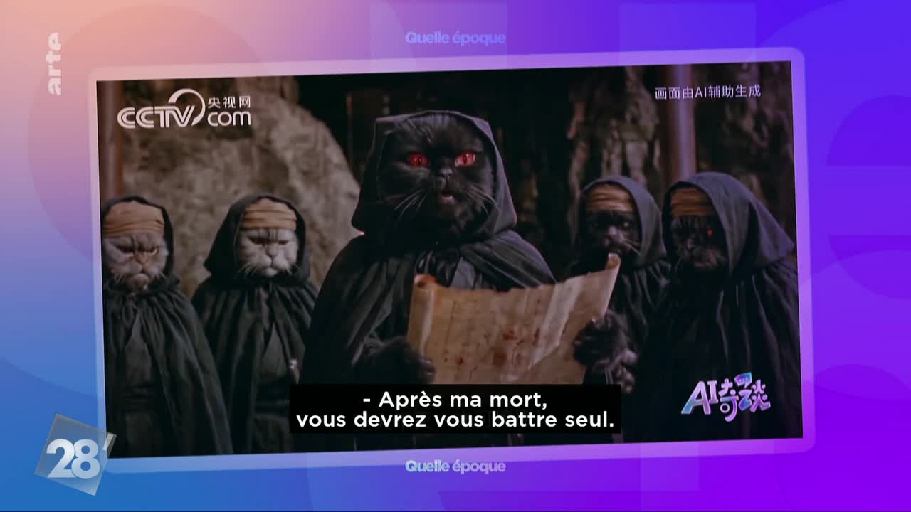 A black cat with glowing red eyes, robed and holding a scroll, stands before a group of similarly robed cats. The text on the screen, in French, reads, "- After my death, you will have to fight alone."