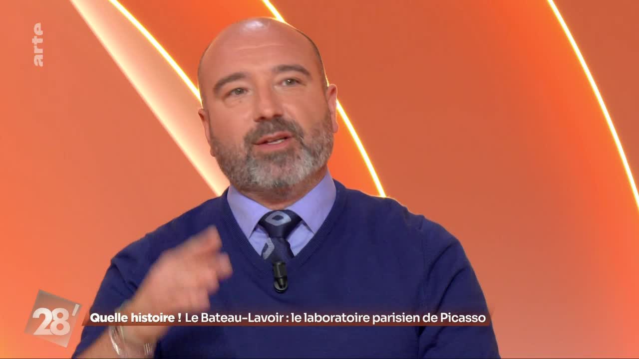 A man with a beard, wearing a blue sweater over a collared shirt and tie, gestures with his left hand as he speaks. The screen displays text in French, mentioning "Le Bateau-Lavoir" and "Picasso."
