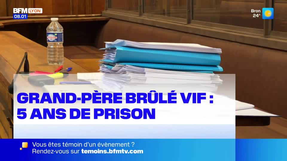 A stack of papers, some with blue covers, sits on a desk, with a bottle of water and some pens nearby. The BFM Lyon logo and headline about a grandfather and a prison sentence are superimposed on the image.
