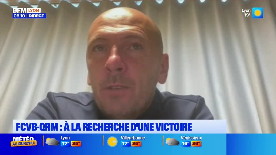 A man with a shaved head is speaking directly to the camera, his face filling the screen. The BFM Lyon logo and the weather forecast for the region are displayed at the bottom.
