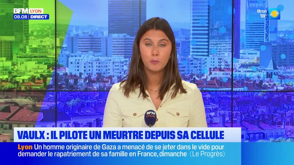A woman in a light-colored jacket is speaking into a microphone, the BFM Lyon logo visible. Below her, a headline in French discusses a murder plot originating from a cell.
