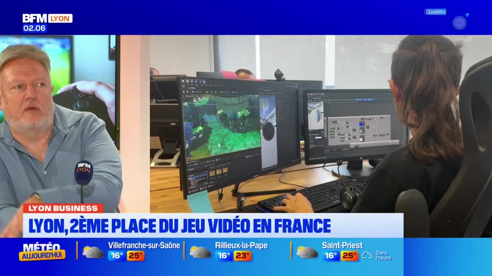On the left, a man on BFM Lyon discusses the video game industry in France, while in the background, a person works on a computer, likely editing a game. The screen shows a green, animated landscape, and the other displays what looks like the game's code.
