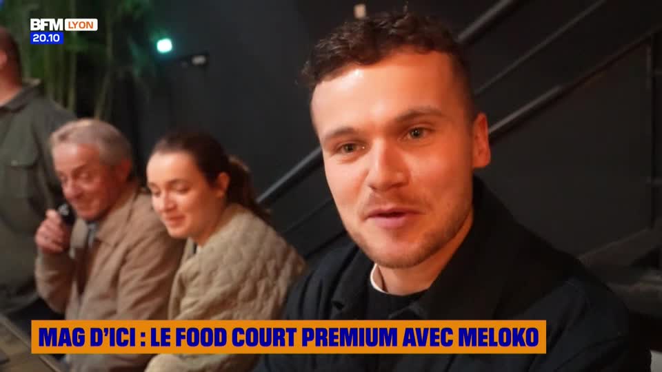 A man with short brown hair speaks directly to the camera, while two people sit beside him. The BFM Lyon logo and a caption about a premium food court are visible at the top and bottom of the screen.
