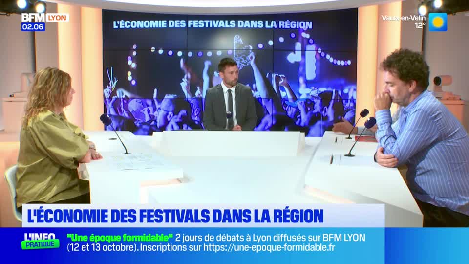 Three people sit at a curved desk, microphones in front of them, on a BFM Lyon set. A screen behind them shows a crowd at a festival, and the topic is "The Economy of Festivals in the Region."
