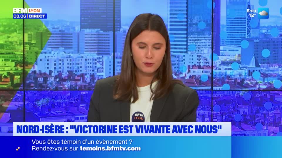 A woman in a blazer speaks directly to the camera, the BFM Lyon logo visible on her shirt. Behind her, a screen displays a cityscape and the headline "VICTORINE EST VIVANTE AVEC NOUS."
