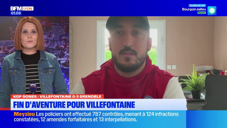 A BFM Lyon journalist in a denim jacket is on screen, while a man in a cap and red hoodie appears to be interviewed remotely. Below them, a headline in French discusses a soccer match and police activity in Meyzieu.
