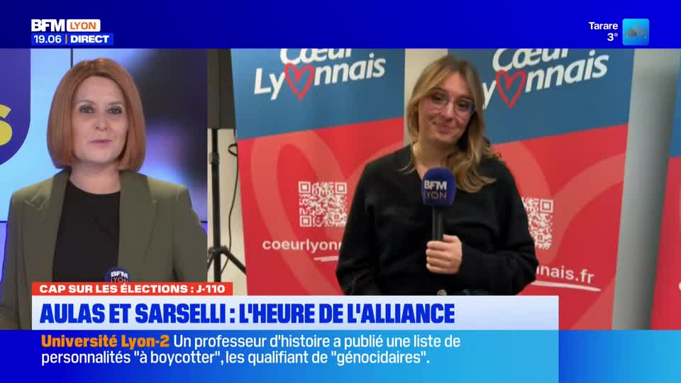 Two women on a BFM Lyon set are presenting a news segment. The headline below them discusses an alliance, while the bottom of the screen details a story about a history professor.
