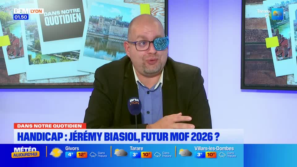 A man with an eye patch speaks into a microphone on a BFM Lyon set. Behind him, a collage of photos shows scenes from France. A man with an eye patch speaks into a microphone on a BFM Lyon set. Behind him, a collage of photos shows scenes from France.