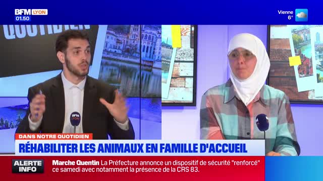 A man in a suit gestures animatedly, speaking into a microphone on a BFM Lyon set. Beside him, a woman in a headscarf and plaid shirt listens intently. A man in a suit gestures animatedly, speaking into a microphone on a BFM Lyon set. Beside him, a woman in a headscarf and plaid shirt listens intently.