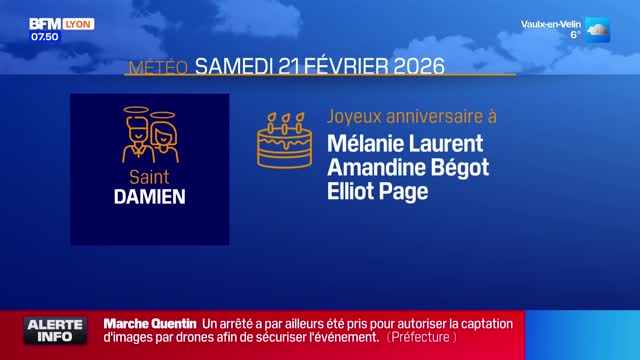 A BFM Lyon graphic displays "Météo Samedi 21 Février 2026" and birthday wishes for Mélanie Laurent, Amandine Bégot, and Elliot Page. Below, a red banner announces "Alerte Info" and a report about a drone authorization for security. A BFM Lyon graphic displays "Météo Samedi 21 Février 2026" and birthday wishes for Mélanie Laurent, Amandine Bégot, and Elliot Page. Below, a red banner announces "Alerte Info" and a report about a drone authorization for security.