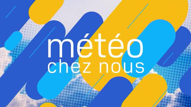 The BFM Lyon weather report is about to begin, with the words "météo chez nous" appearing in white text. Bright blue and yellow shapes zoom across the screen, overlaying a cloudy sky. The BFM Lyon weather report is about to begin, with the words "météo chez nous" appearing in white text. Bright blue and yellow shapes zoom across the screen, overlaying a cloudy sky.