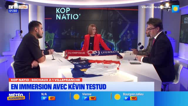 Three people sit at a desk in a television studio, with Olympique Lyonnais scarves and jerseys laid out before them. A BFM Lyon broadcast displays the score of a football match. Three people sit at a desk in a television studio, with Olympique Lyonnais scarves and jerseys laid out before them. A BFM Lyon broadcast displays the score of a football match.