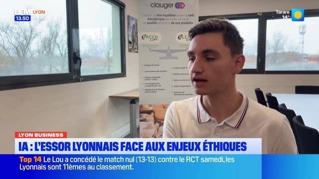 A young man in a white polo shirt speaks, his profile captured against a backdrop of company logos and office furniture. A BFM Lyon graphic overlays the lower portion of the screen, detailing a business report on AI and ethical challenges in the region. A young man in a white polo shirt speaks, his profile captured against a backdrop of company logos and office furniture. A BFM Lyon graphic overlays the lower portion of the screen, detailing a business report on AI and ethical challenges in the region.