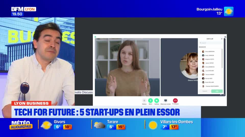The BFM Lyon reporter gestures as a woman speaks on a video call. A list of participants appears on the right side of the screen. The BFM Lyon reporter gestures as a woman speaks on a video call. A list of participants appears on the right side of the screen.