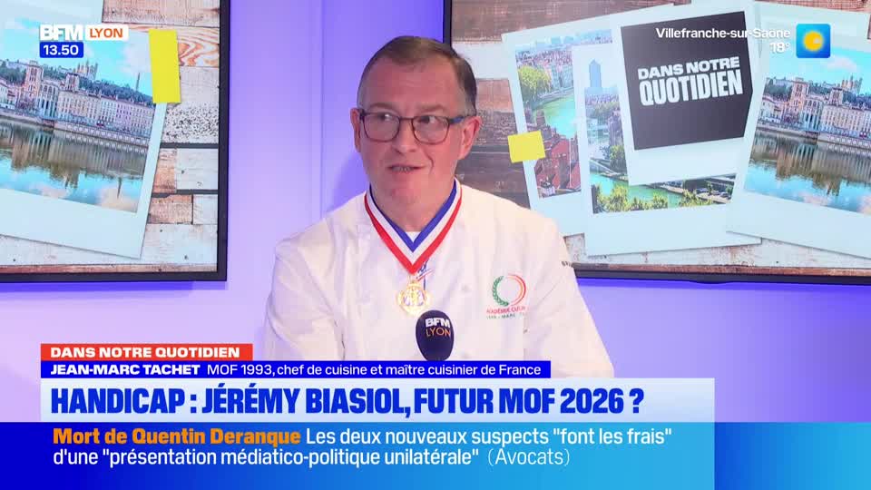 A man in a chef's jacket, wearing a medal, speaks into a BFM Lyon microphone. Behind him, a collage of photos shows cityscapes and the text "DANS NOTRE QUOTIDIEN."