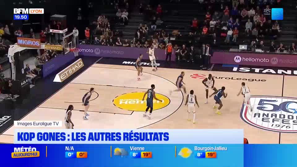 A basketball player in a dark jersey drives towards the basket, defended by two players in white. The game is underway, broadcast on BFM Lyon, with the EuroLeague logo visible.