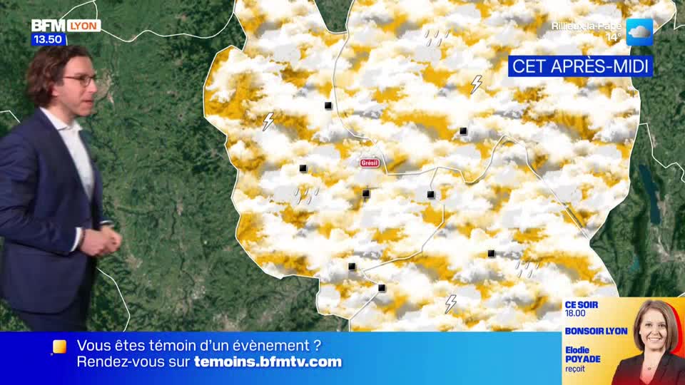A man in a suit stands beside a weather map of France, pointing to a forecast of thunderstorms. The map shows a yellow and white overlay of clouds with lightning bolt symbols scattered across the region.