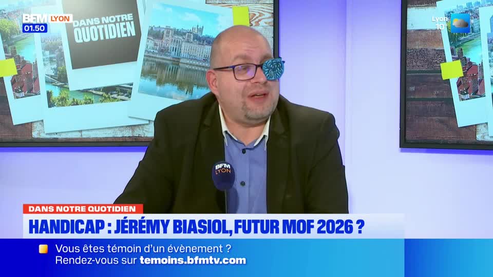 A man with an eye patch speaks into a microphone on a BFM Lyon set. Behind him, framed photos of Lyon's cityscape are displayed.