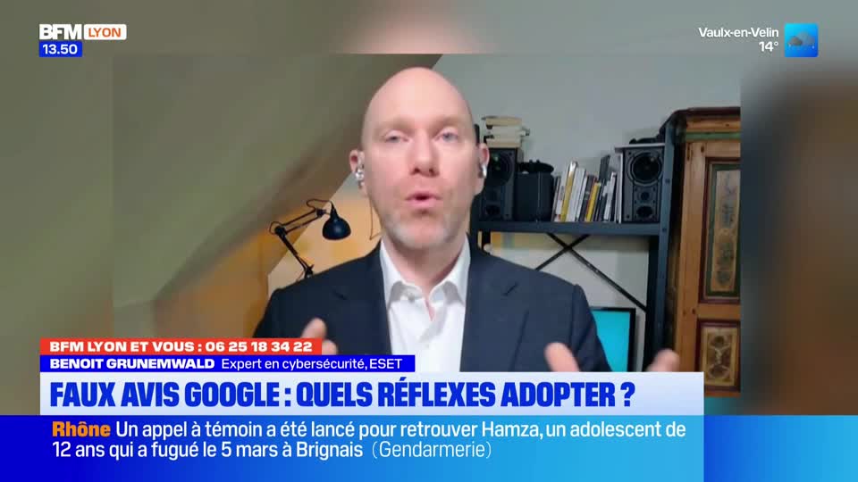 A man in a suit speaks directly to the camera, gesturing with his hands. On-screen text from BFM Lyon identifies him as a cybersecurity expert discussing Google reviews.