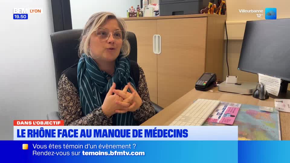 A woman gestures with her hands as she speaks, her face framed by glasses. The BFM Lyon chyron below her reads "LE RHÔNE FACE AU MANQUE DE MÉDECINS."