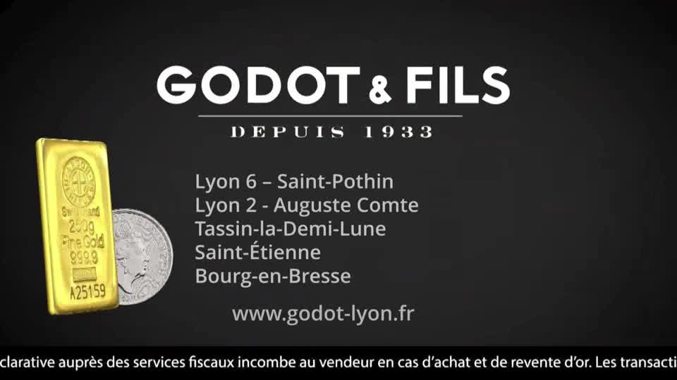 A gleaming gold bar and a silver coin sit next to text listing locations in the Lyon area. The company name "GODOT & FILS" appears prominently above the list.