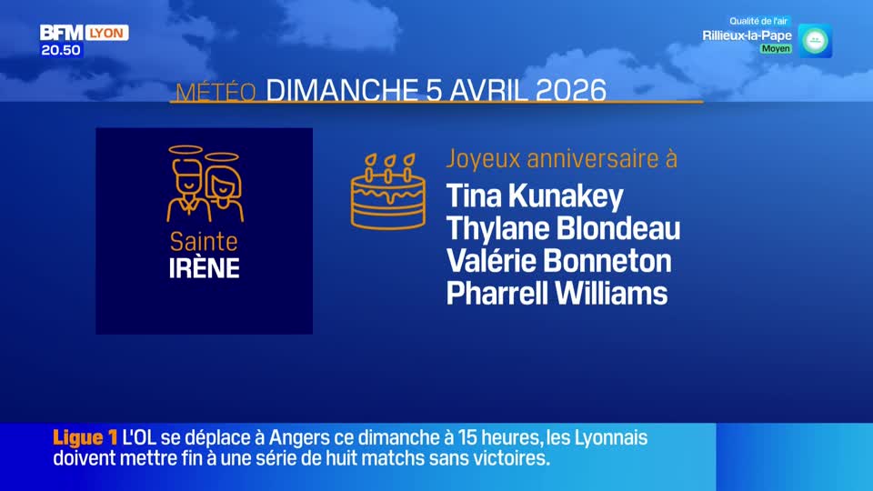 The BFM Lyon weather graphic for Sunday, April 5, 2026, displays "Sainte Irène" and lists several names for birthdays, including Pharrell Williams. Below, a Ligue 1 update notes that OL travels to Angers on Sunday at 3 PM, hoping to end an eight-match winless streak. The BFM Lyon weather graphic for Sunday, April 5, 2026, displays "Sainte Irène" and lists several names for birthdays, including Pharrell Williams. Below, a Ligue 1 update notes that OL travels to Angers on Sunday at 3 PM, hoping to end an eight-match winless streak.