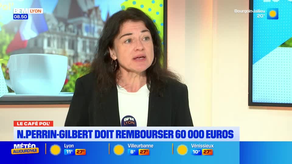 A woman with dark hair speaks animatedly in front of a backdrop featuring a large white coffee cup and a French flag. Below her, a news ticker from BFM Lyon displays "N. PERRIN-GILBERT DOIT REMBOURSER 60 000 EUROS." A woman with dark hair speaks animatedly in front of a backdrop featuring a large white coffee cup and a French flag. Below her, a news ticker from BFM Lyon displays "N. PERRIN-GILBERT DOIT REMBOURSER 60 000 EUROS."