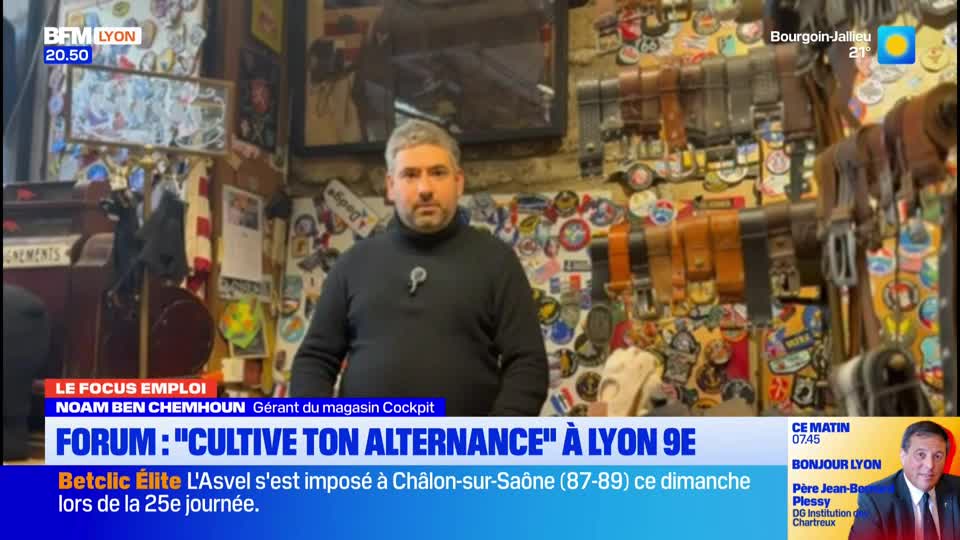 A man stands in front of a wall covered in patches and belts, looking directly ahead. The BFM Lyon chyron identifies him as Noam Ben Chemhoun, manager of the Cockpit store.