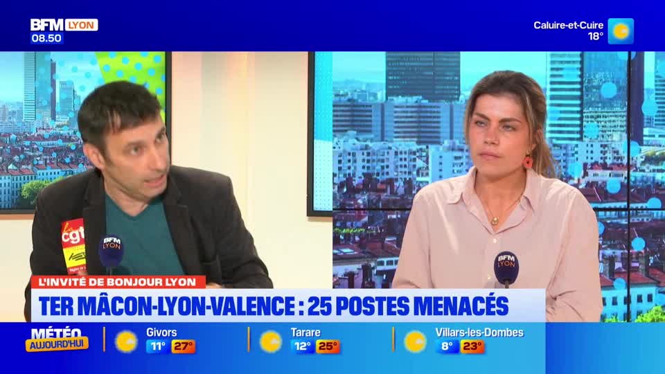 A man in a dark jacket gestures animatedly while speaking into a microphone. Beside him, a woman in a light-colored shirt listens intently, her gaze directed forward. The BFM Lyon logo is visible on screen, indicating the broadcast's origin.