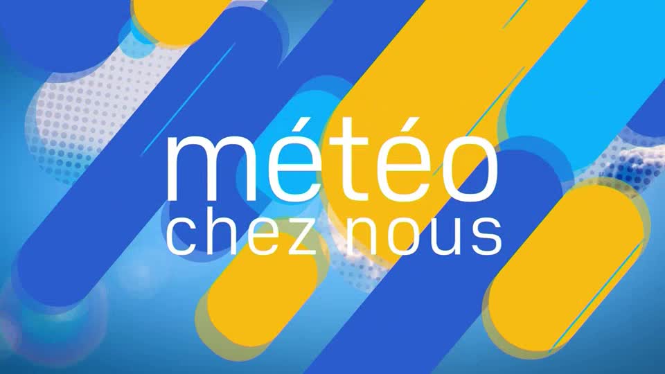 The words "météo chez nous" appear in white text, overlaid on bold blue and yellow shapes. This is the graphic for BFM Lyon's weather segment.