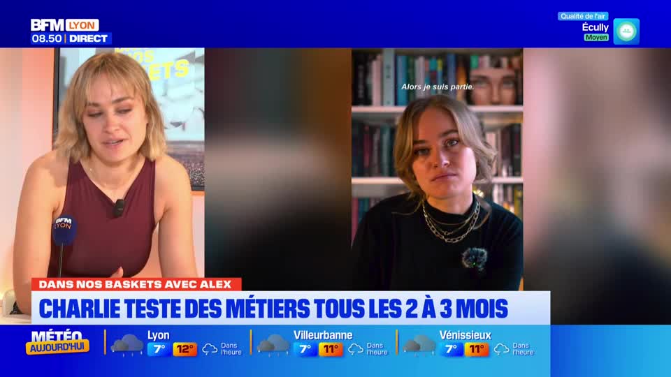 A young woman with blonde hair is speaking into a microphone on a BFM Lyon broadcast. On the right side of the screen, a second image shows the same woman looking off to the side. A young woman with blonde hair is speaking into a microphone on a BFM Lyon broadcast. On the right side of the screen, a second image shows the same woman looking off to the side.