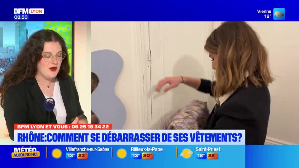 A woman in a black blazer reaches for a patterned fabric. On the left, a woman with glasses speaks into a microphone.