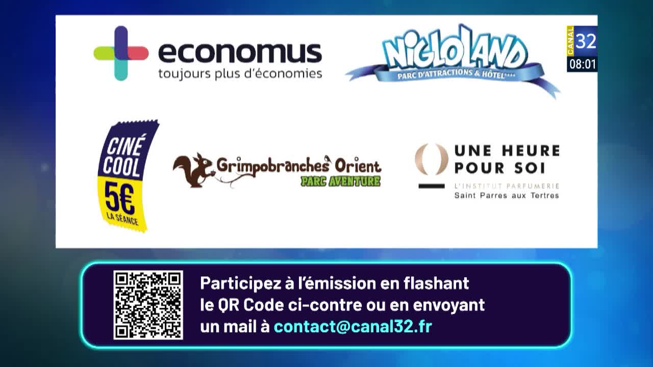 The Canal 32 logo is visible in the top right corner, with the time displayed as 08:01. Above a QR code, the screen encourages viewers in France to participate in the show by scanning it or sending an email.
