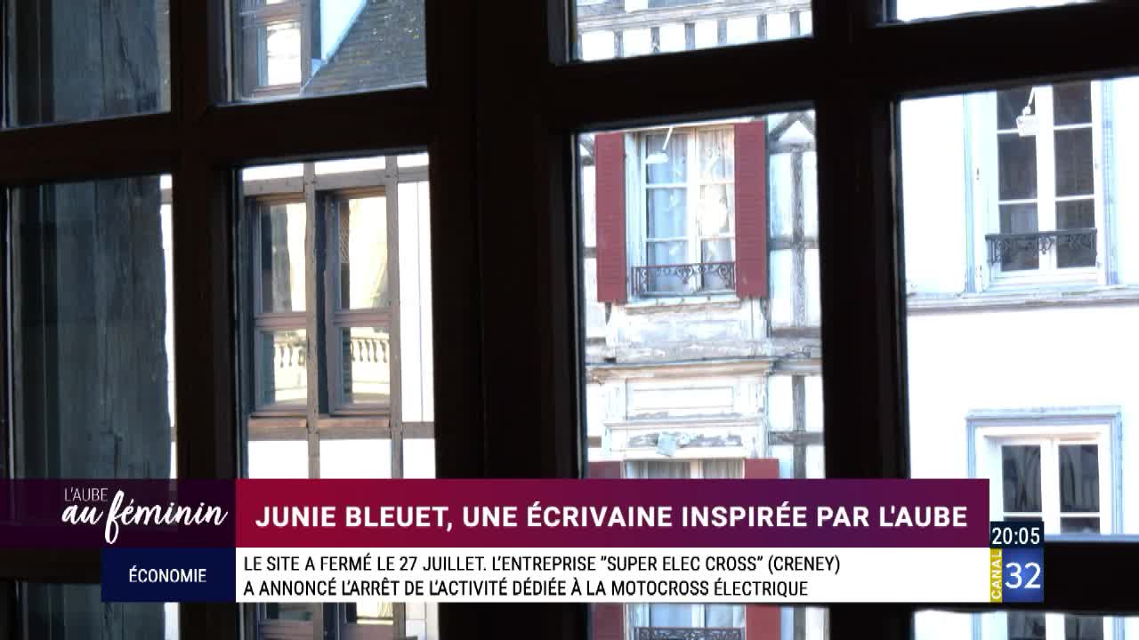 Through a dark window frame, I see the half-timbered facades of buildings in France. A news report from Canal 32 is on-screen, with a headline about a writer.
