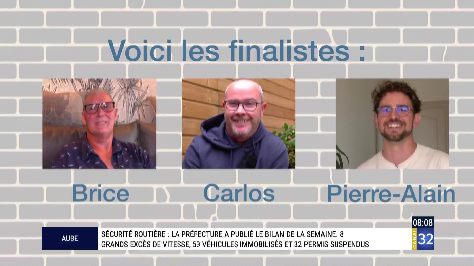 On Canal 32, three men are displayed as finalists, each smiling from their own video box. Below, a news ticker from France reports on road safety statistics.
