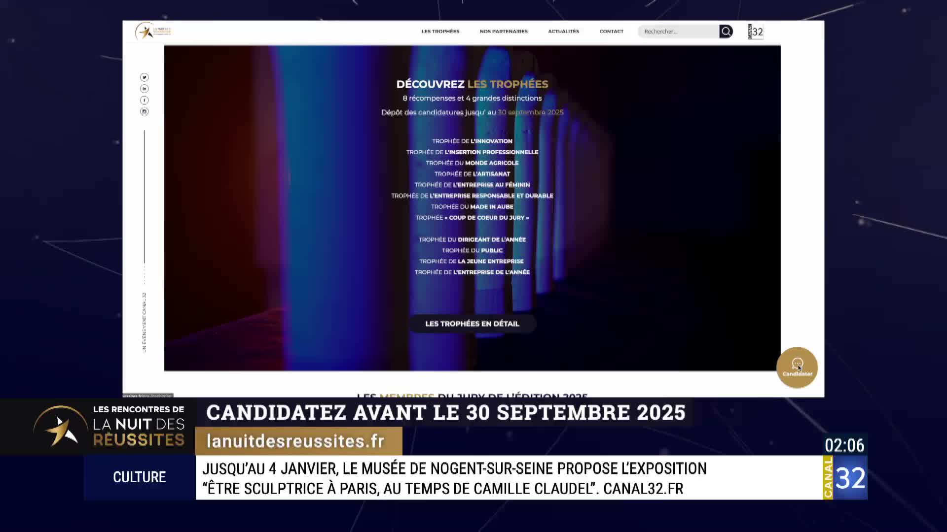 On Canal 32, a website promoting "La Nuit des Réussites" is displayed, with a call for applications before September 30, 2025. Below, the screen announces an exhibition at the Musée de Nogent-sur-Seine.
