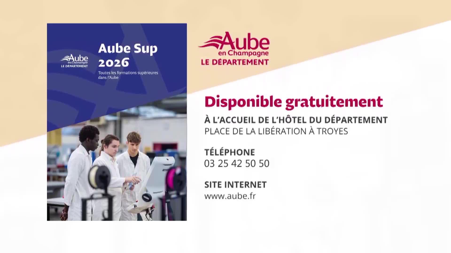 Three students in white lab coats gather around a piece of equipment. A poster behind them announces "Aube Sup 2026" in large font.