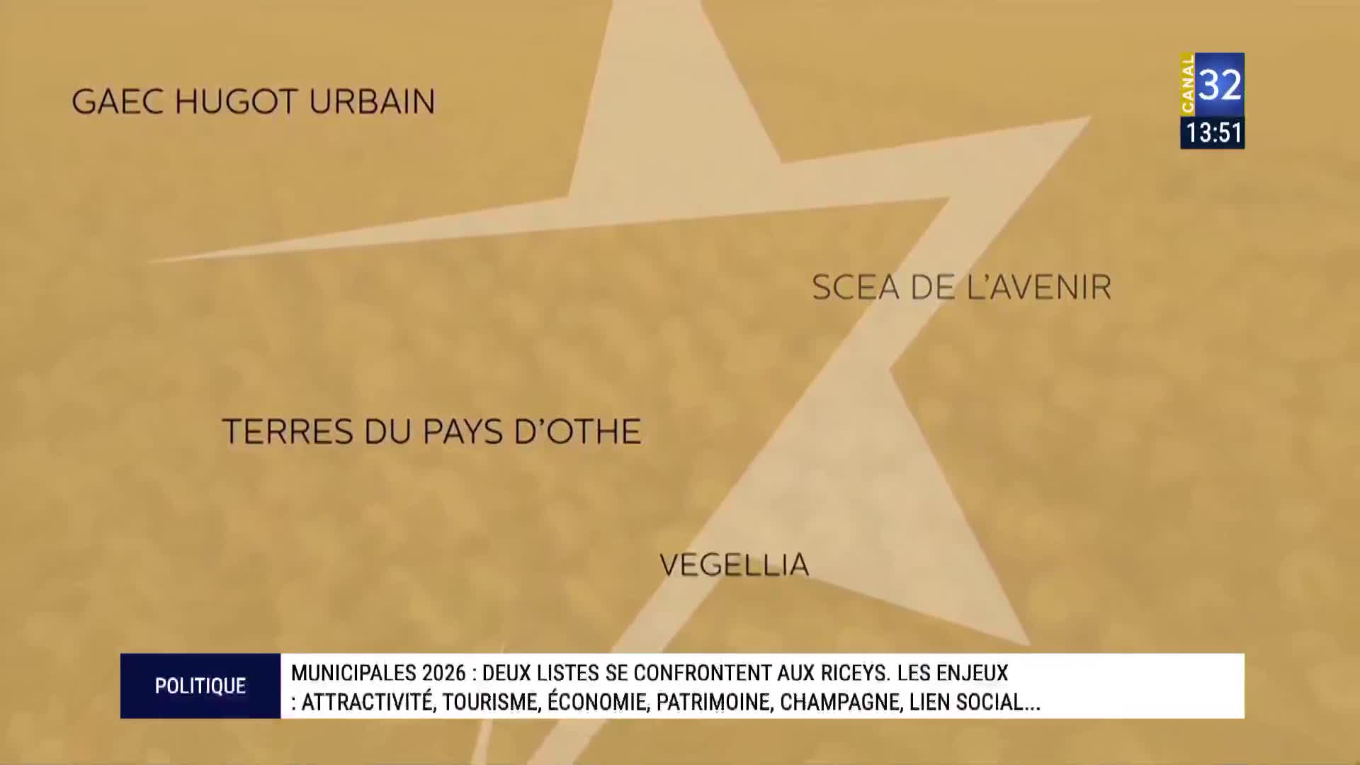 The Canal 32 graphic displays "GAEC HUGOT URBAIN" and "TERRES DU PAYS D'OTHE" on the left, with "SCEA DE L'AVENIR" and "VEGELLIA" on the right, all set against a muted gold background. A banner at the bottom reads "POLITIQUE MUNICIPALES 2026 : DEUX LISTES SE CONFRONTENT AUX RICEYS. LES ENJEUX : ATTRACTIVITÉ, TOURISME, ÉCONOMIE, PATRIMOINE, CHAMPAGNE, LIEN SOCIAL..."