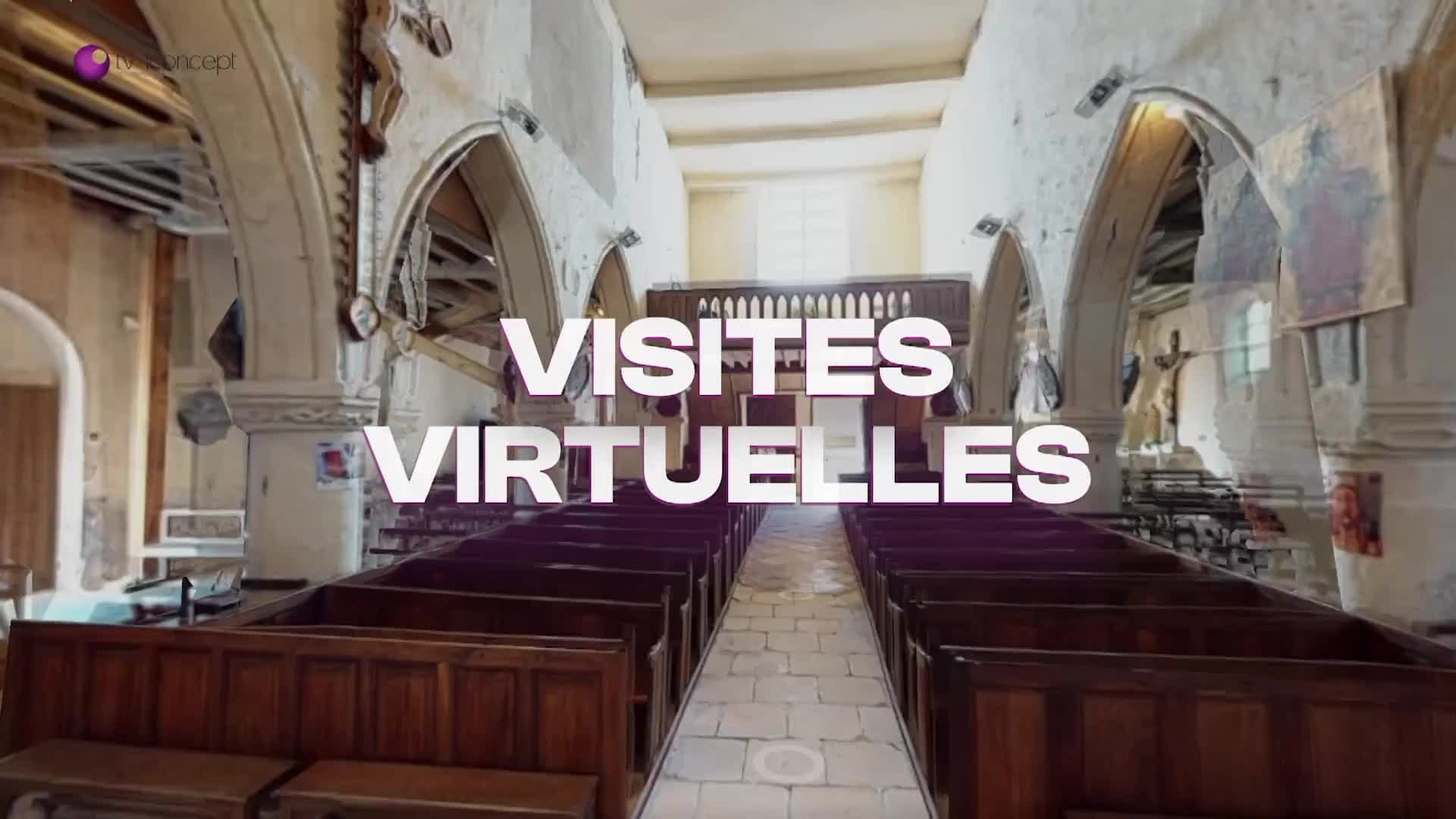 The camera pans through a French church, revealing rows of dark wooden pews. Large white text overlays the scene, reading "VISITES VIRTUELLES." The camera pans through a French church, revealing rows of dark wooden pews. Large white text overlays the scene, reading "VISITES VIRTUELLES."