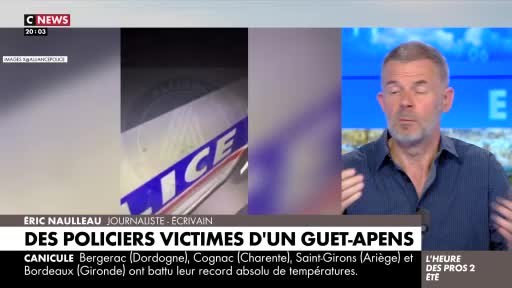 A CNews journalist discusses a news story, with a video clip of a police vehicle playing on the left. The bottom of the screen mentions a heatwave in France.
