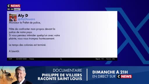 A tweet from Aly D is displayed on a CNews screen, its text addressed to the police chief. Below, a documentary announcement featuring Philippe de Villiers is advertised.
