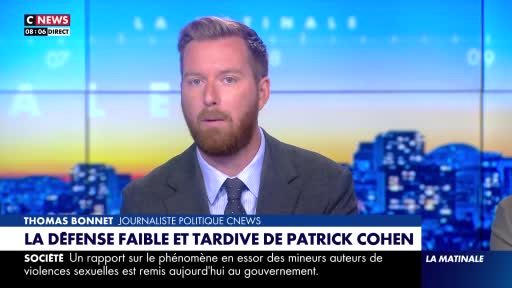 A man with a beard, identified as Thomas Bonnet, is speaking on CNews. The headline below him discusses the defense of Patrick Cohen.
