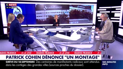 A group of people are seated at a curved desk, with a screen showing "radiofrance" behind them. The CNews logo is visible, and the chyron reads "Patrick Cohen dénonce 'un montage'."
