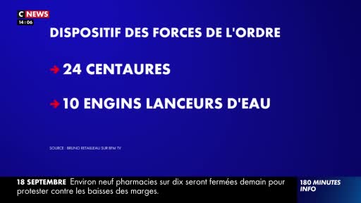 On a blue screen from CNews, white text lists the "forces of order" deployment. The numbers 24 and 10 are highlighted in red, alongside the words "centaurs" and "water cannons."

