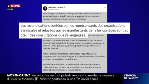A CNews graphic displays a tweet from Sébastien Lecornu, discussing social dialogue and condemning violence in France. Below, a headline summarizes the situation with the unions and the ongoing consultations.
