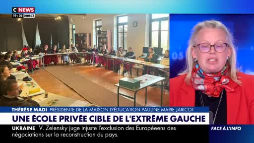 On CNews, a woman in a red jacket speaks earnestly, while a meeting in a room is shown on a split screen. The headline in French declares a private school is targeted by the extreme left.
