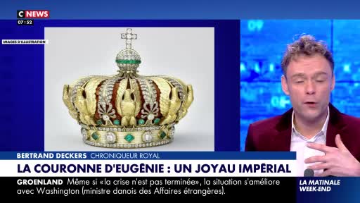 A man in a dark red jacket speaks on CNews, gesturing with his hands. Beside him, a gold crown encrusted with diamonds and emeralds sits on a white background.