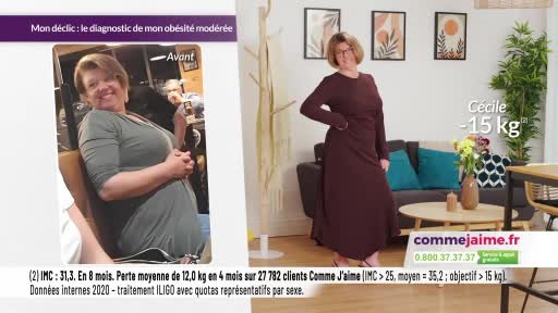 A woman in a long, dark red dress stands with her hand on her hip, a slight smile on her face. Beside her, a split screen shows a "before" image of the same woman, looking heavier and seated. Text on the screen indicates a weight loss of 15 kg.