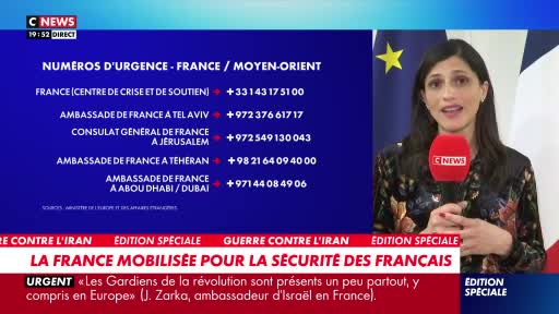 A CNews reporter stands before the French flag, holding a microphone. On the screen behind her, emergency contact numbers for France and the Middle East are displayed.