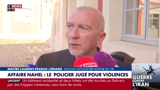 A man in a suit stands before microphones, speaking to reporters. Text on screen identifies him as Maître Laurent-Franck Liénard, a lawyer in France, and mentions the "Affaire Nahel" and a police officer judged for violence.